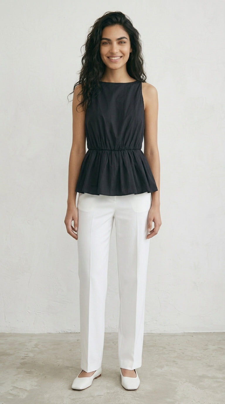 Black Cotton Peplum Top Sleeveless Bateau Neck Women