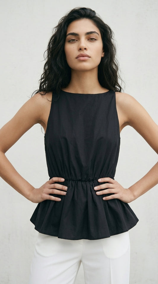 Black Cotton Peplum Top Sleeveless Bateau Neck Women
