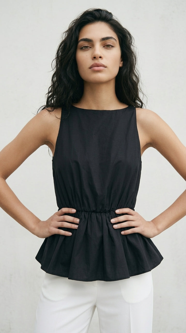 Black Cotton Peplum Top Sleeveless Bateau Neck Women