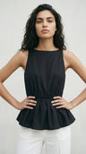Black Cotton Peplum Top Sleeveless Bateau Neck Women
