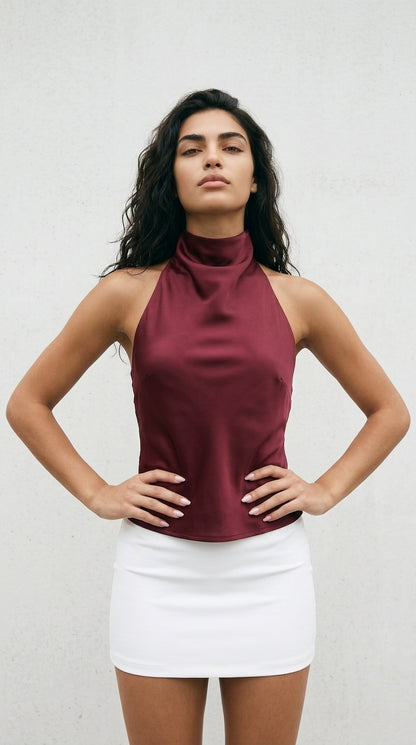 Satin Halter Neck Crop Top Women Sleeveless Backless