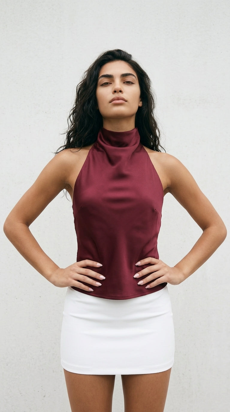 Satin Halter Neck Crop Top Women Sleeveless Backless