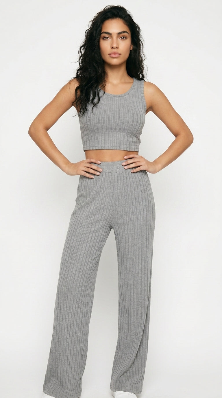 Ribbed Knit Crop Top and Wide Leg Pants Set Women