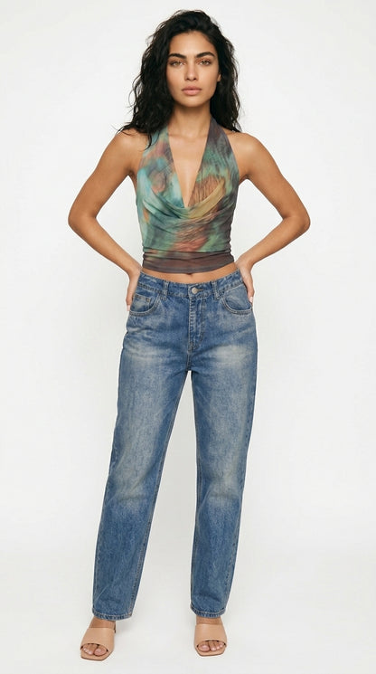 Women's Mesh Cowl Neck Halter Crop Top Abstract Print