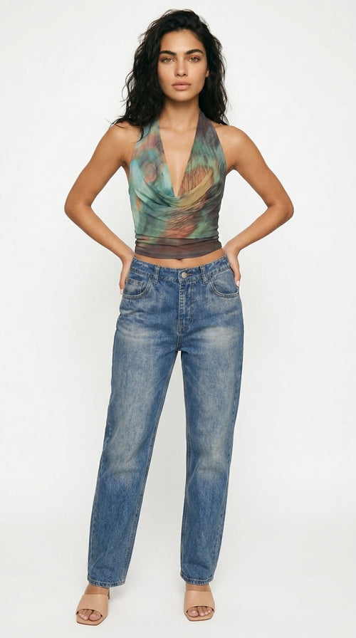 Women's Mesh Cowl Neck Halter Crop Top Abstract Print