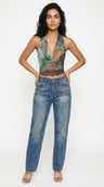 Women's Mesh Cowl Neck Halter Crop Top Abstract Print