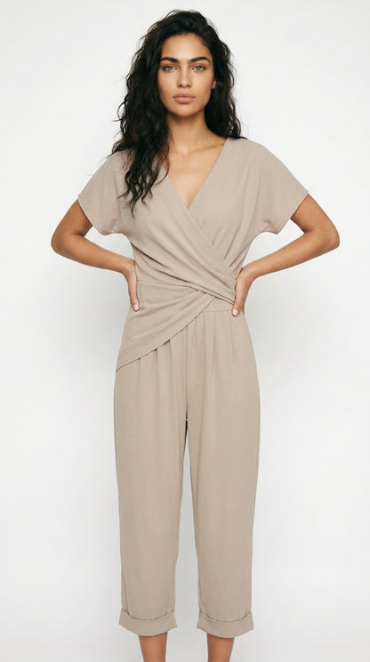 Women's Wrap Front Cropped Jumpsuit Short Sleeve