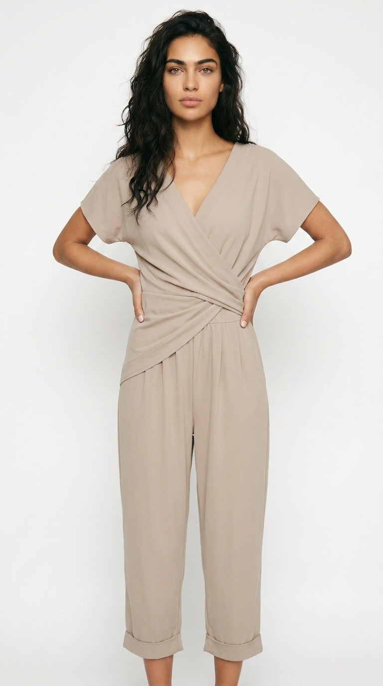 Women's Wrap Front Cropped Jumpsuit Short Sleeve