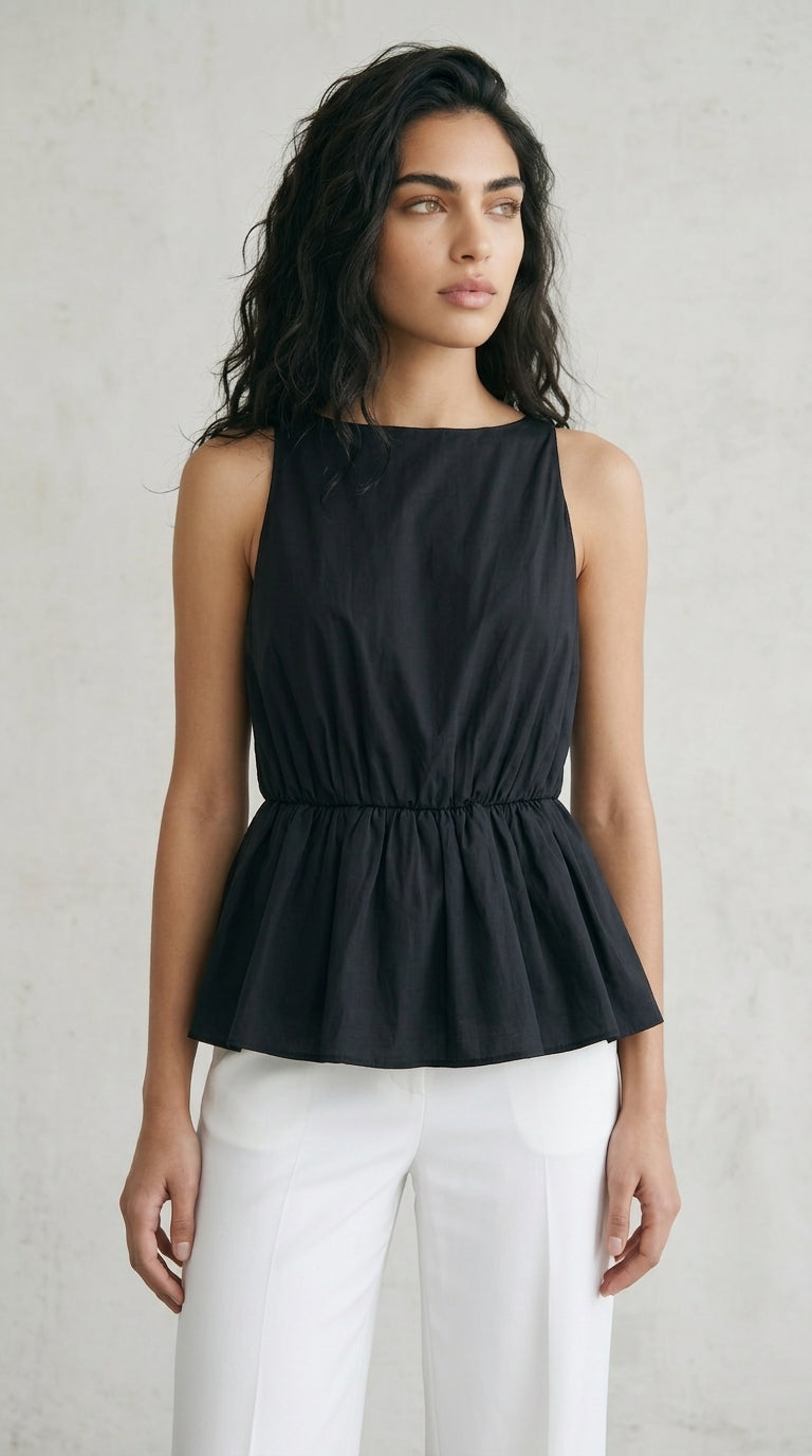 Black Cotton Peplum Top Sleeveless Bateau Neck Women