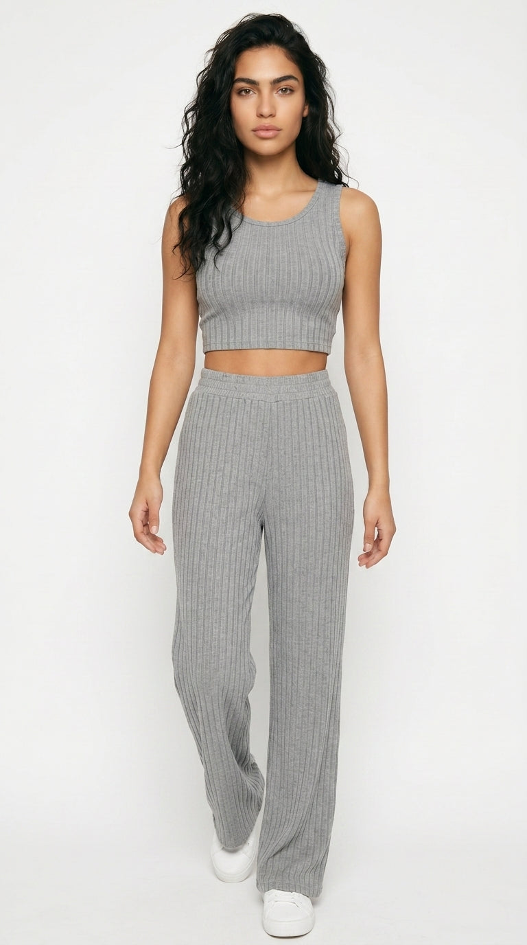 Ribbed Knit Crop Top and Wide Leg Pants Set Women