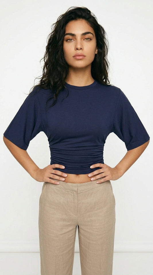 Women's Ruched Waist Crop Top Short Sleeve Black White