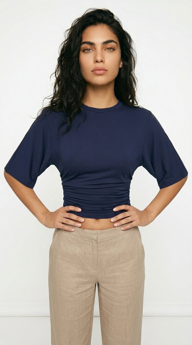 Women's Ruched Waist Crop Top Short Sleeve Black White