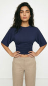 Women's Ruched Waist Crop Top Short Sleeve Black White