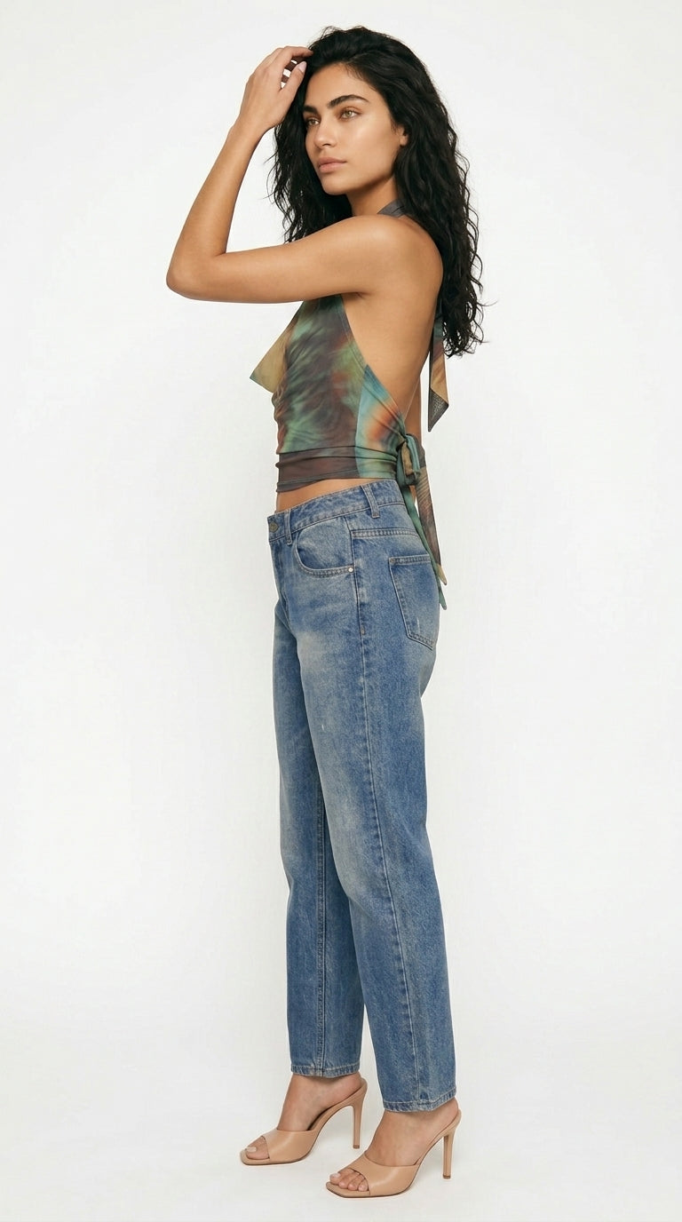 Women's Mesh Cowl Neck Halter Crop Top Abstract Print