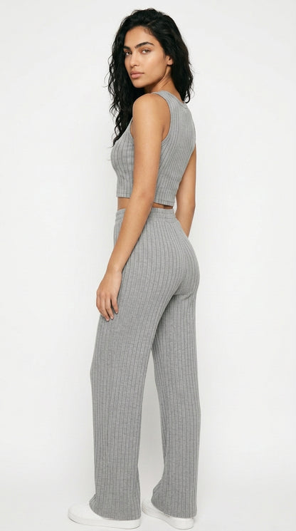 Ribbed Knit Crop Top and Wide Leg Pants Set Women