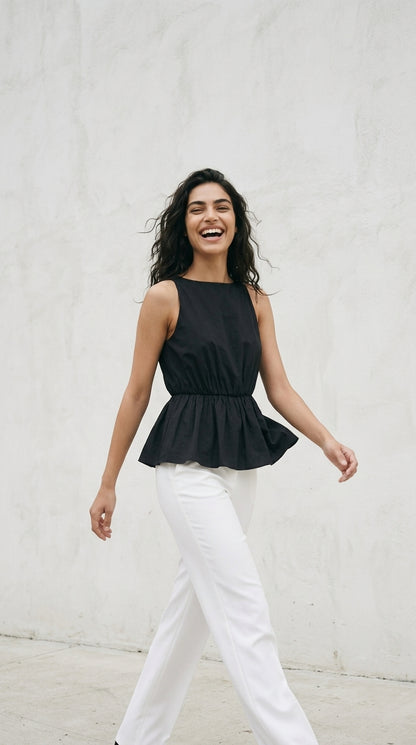 Black Cotton Peplum Top Sleeveless Bateau Neck Women
