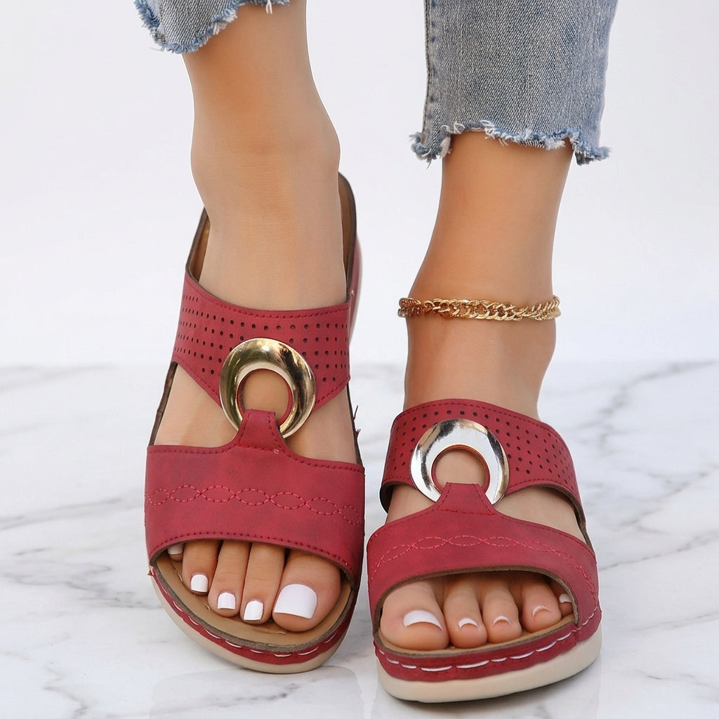 Women's Wedge Sandals – Buckle Detail, Cut-Out Slip-On Mules
