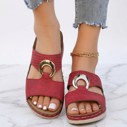 Women's Wedge Sandals – Buckle Detail, Cut-Out Slip-On Mules