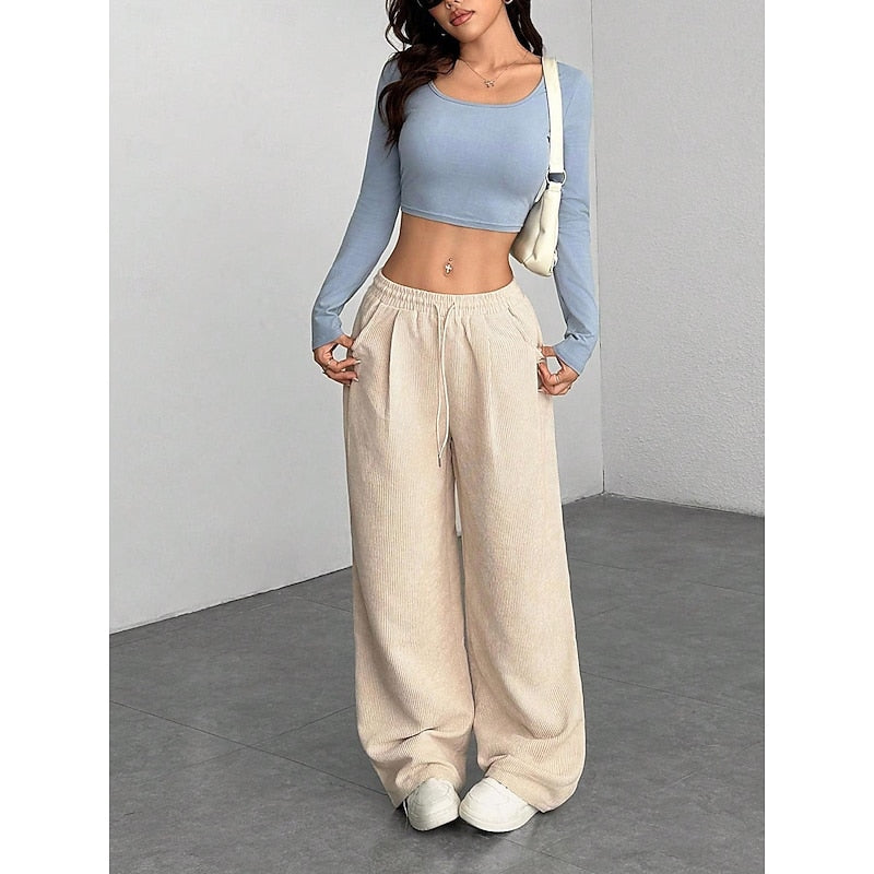 Women's Corduroy Wide Leg Trousers with Drawstring Waist