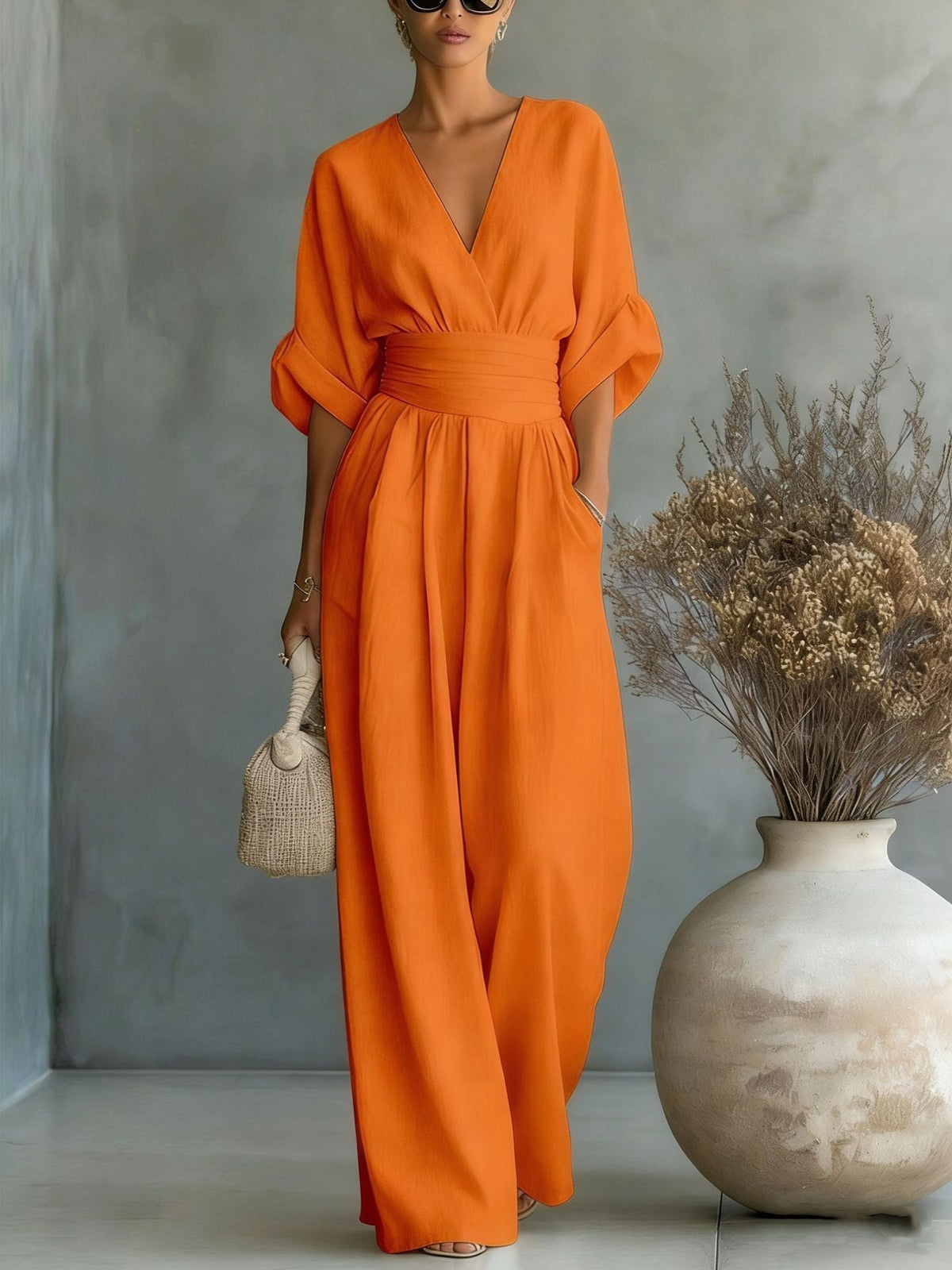 Women's Wide Leg Jumpsuit – V-Neck Belted Occasion