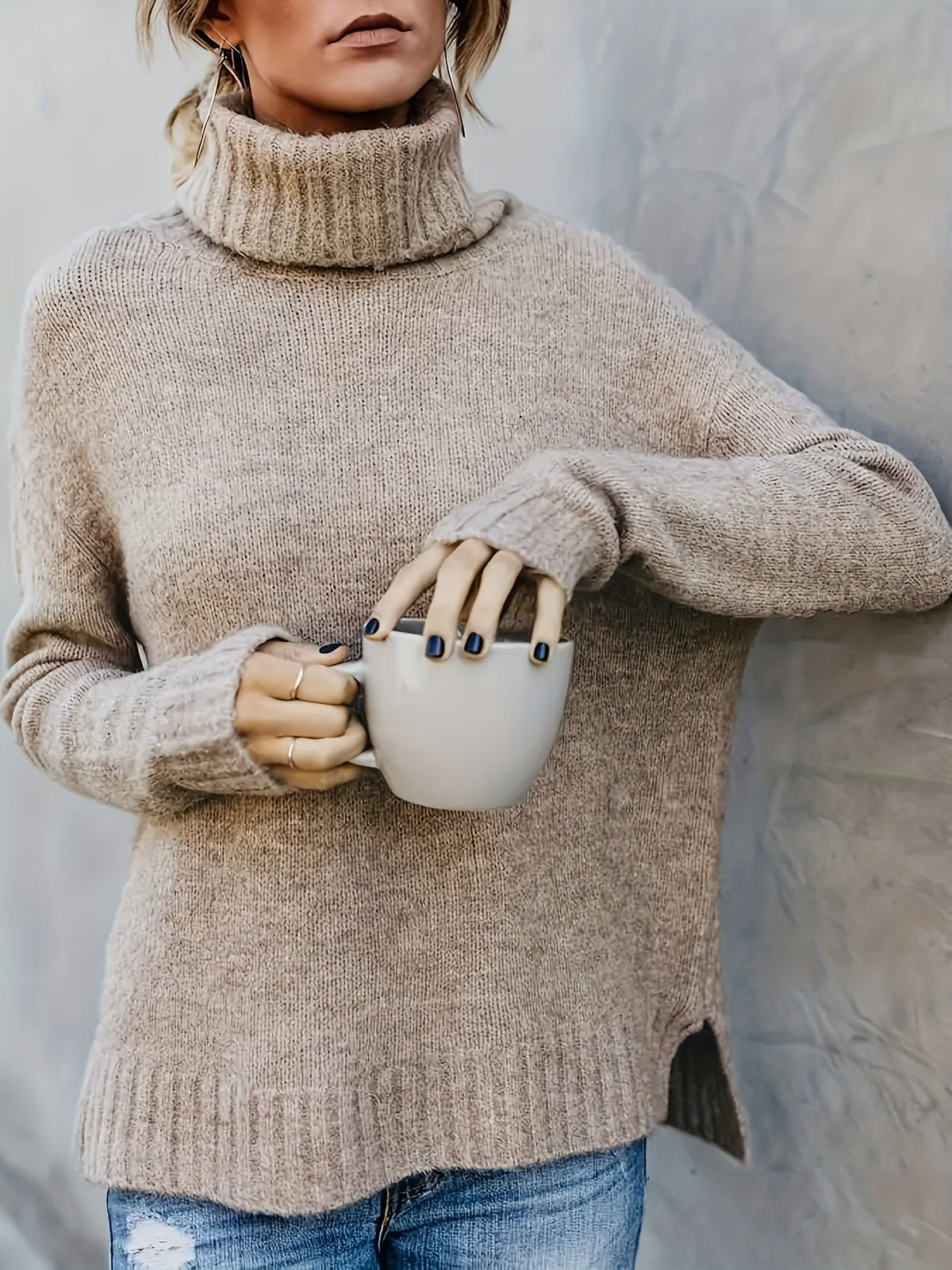 Women's Cowl Turtleneck Jumper – Split Hem Knit Sweater