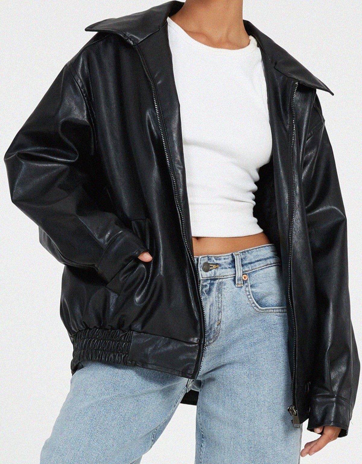Brown Oversized Leather Bomber Jacket Women | Faux Leather Zip Up Aviator Jacket