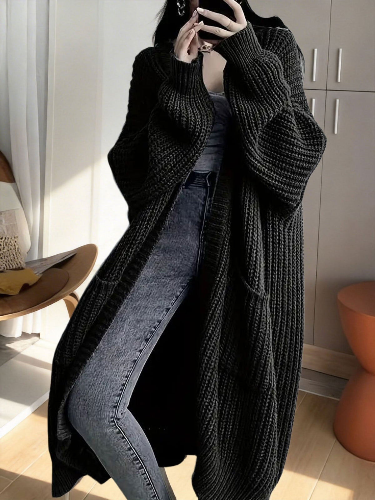 Women's Ribbed Knit Longline Duster Cardigan with Pockets