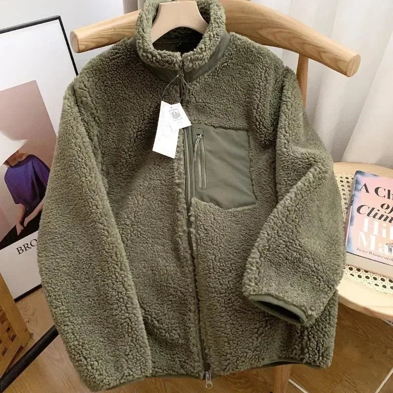 Women's Teddy Fleece Jacket – High Collar Contrast Zip Pocket