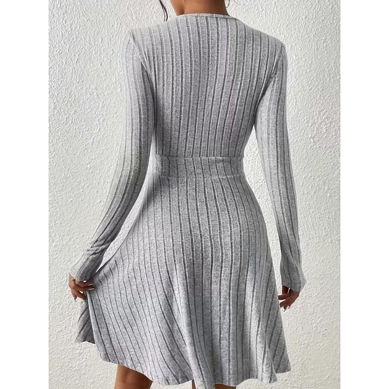 Women's Ribbed Wrap Neck A-Line Dress – Knee-Length Knit Dress