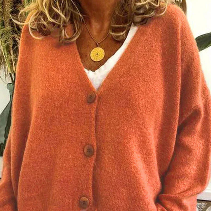 Women's Knitted Cardigan – V-Neck Button-Up – Orange