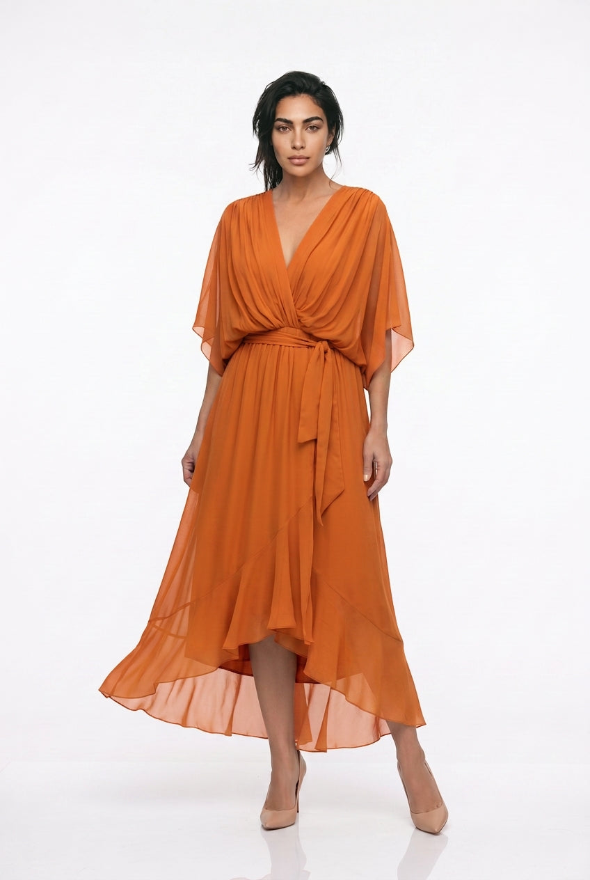 Women's Chiffon Wrap Midi Dress – V-Neck Kimono Sleeve