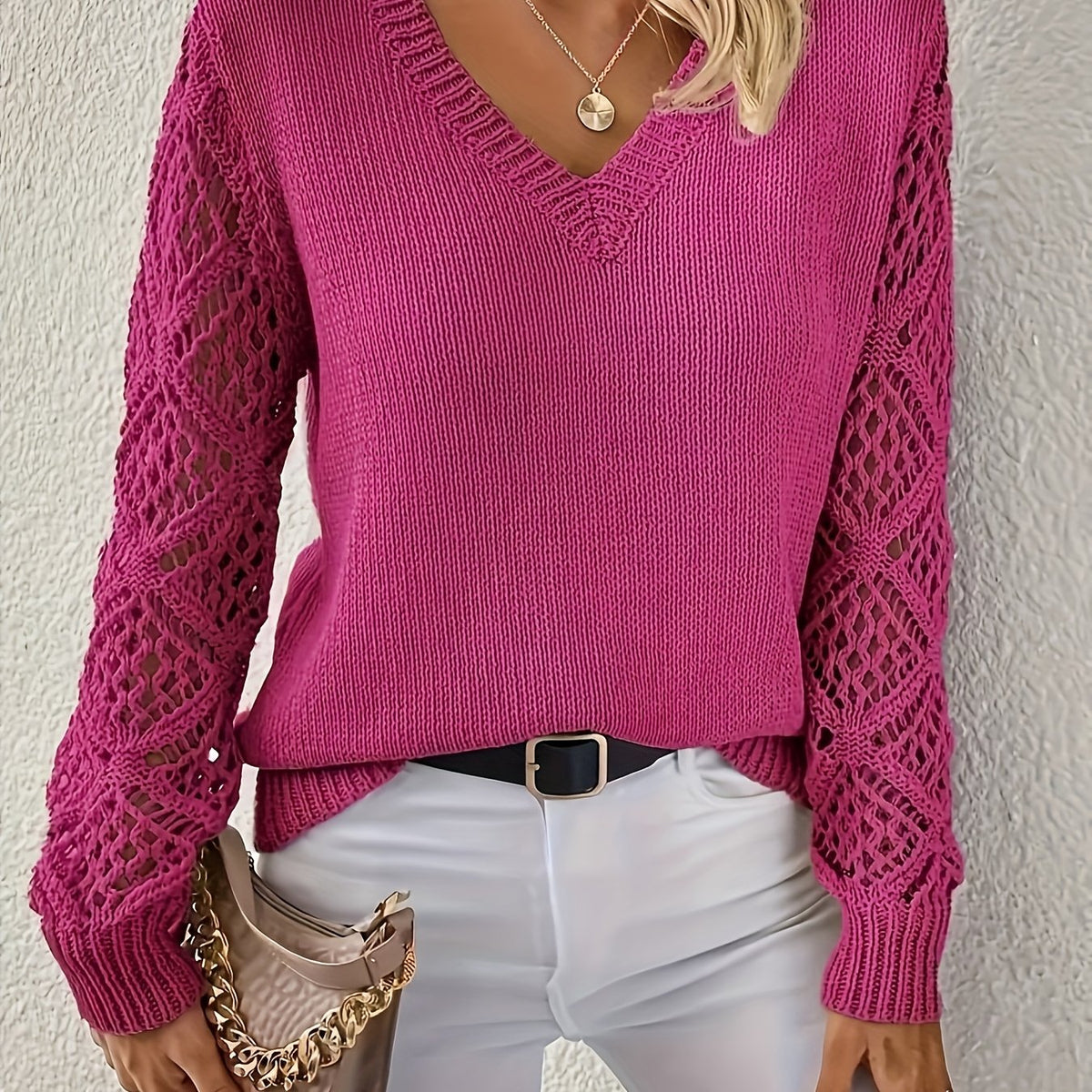 Women's Crochet Sleeve V-Neck Jumper – Knit Diamond Sweater