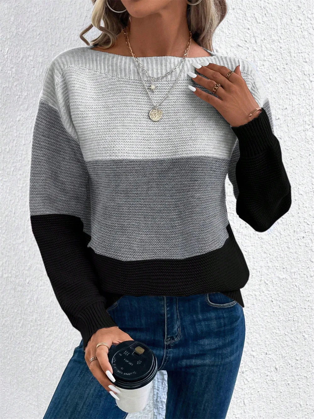 Women's Colour-Block Knit Jumper – Boat Neck Ribbed Trim