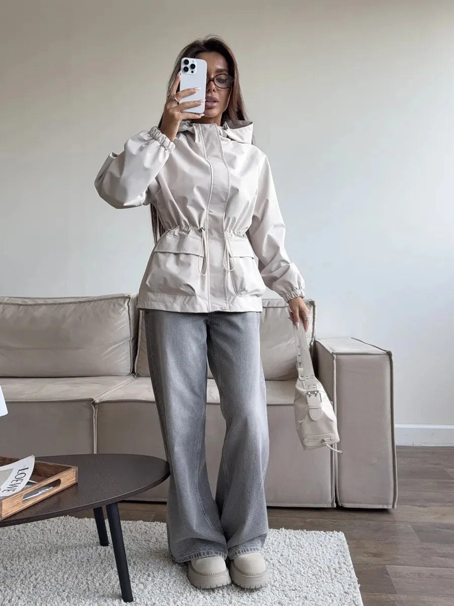 Women's Hooded Windbreaker Jacket – Cinched Waist Utility Jacket