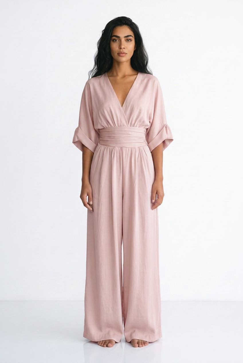 Women's Wide Leg Jumpsuit – V-Neck Belted Occasion