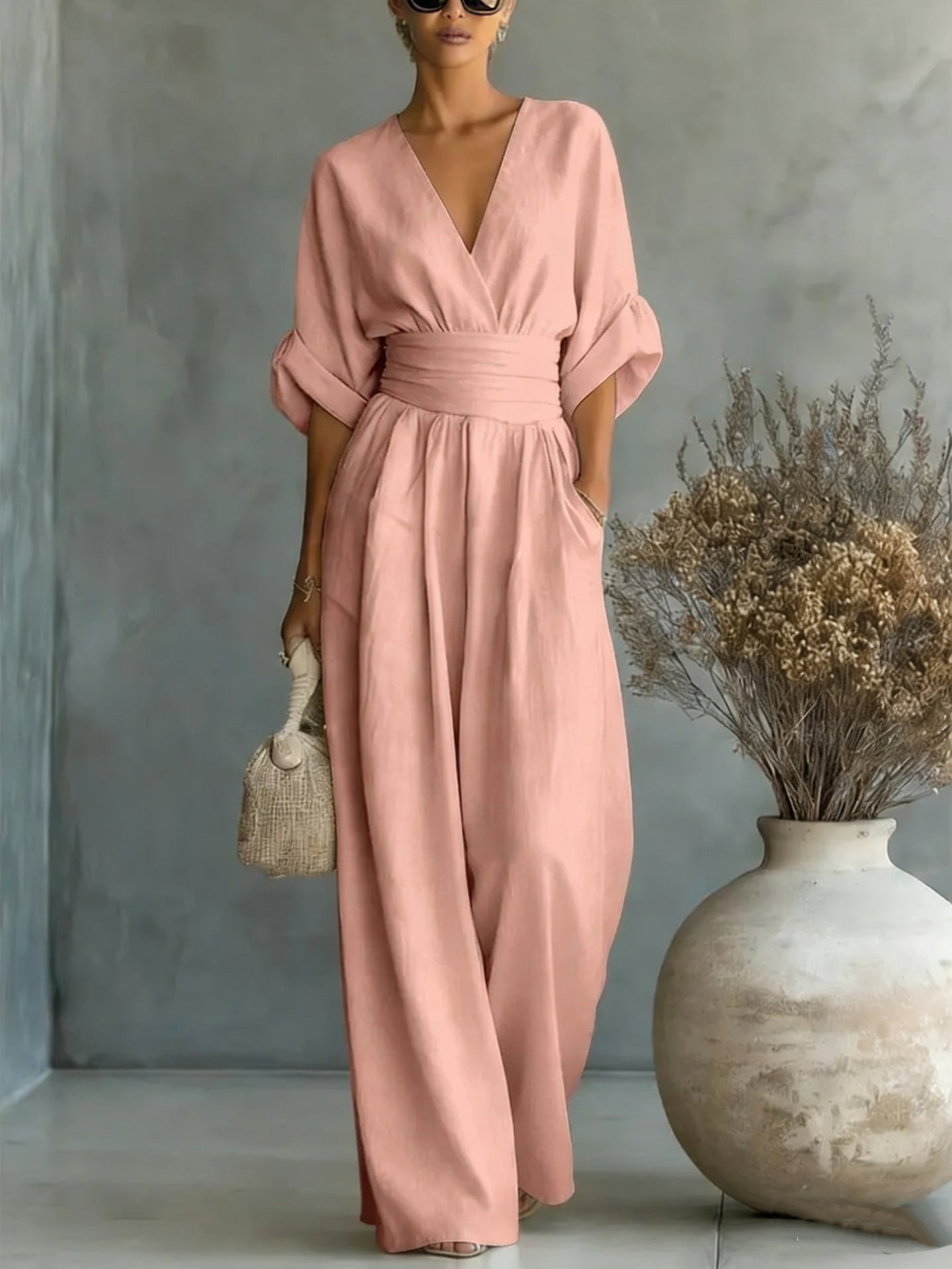 Women's Wide Leg Jumpsuit – V-Neck Belted Occasion