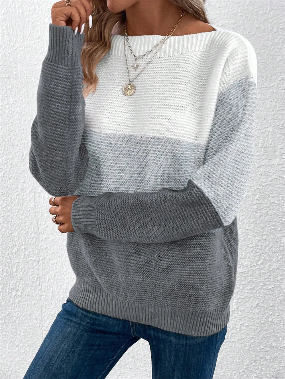 Women's Colour-Block Knit Jumper – Boat Neck Ribbed Trim