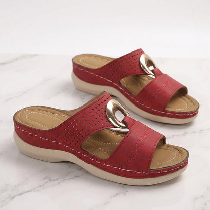 Women's Wedge Sandals – Buckle Detail, Cut-Out Slip-On Mules