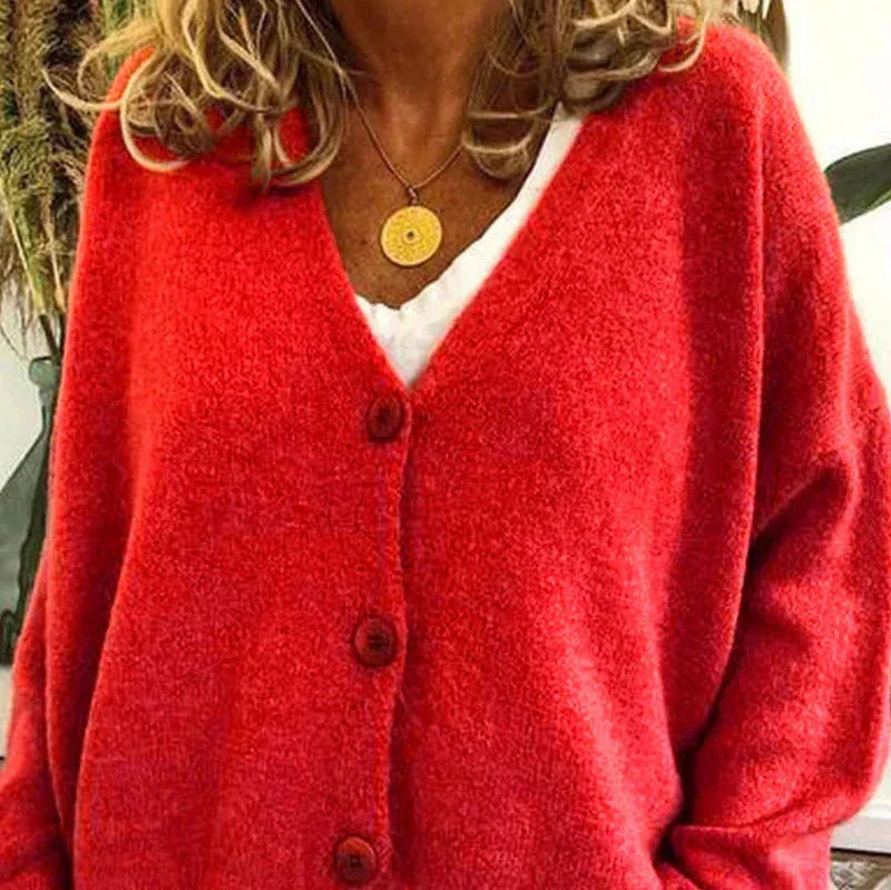 Women's Knitted Cardigan – V-Neck Button-Up – Red
