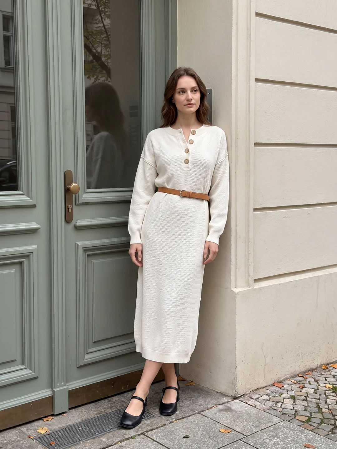 Women's Knit Button-Neck Jumper Dress – Long Sleeve