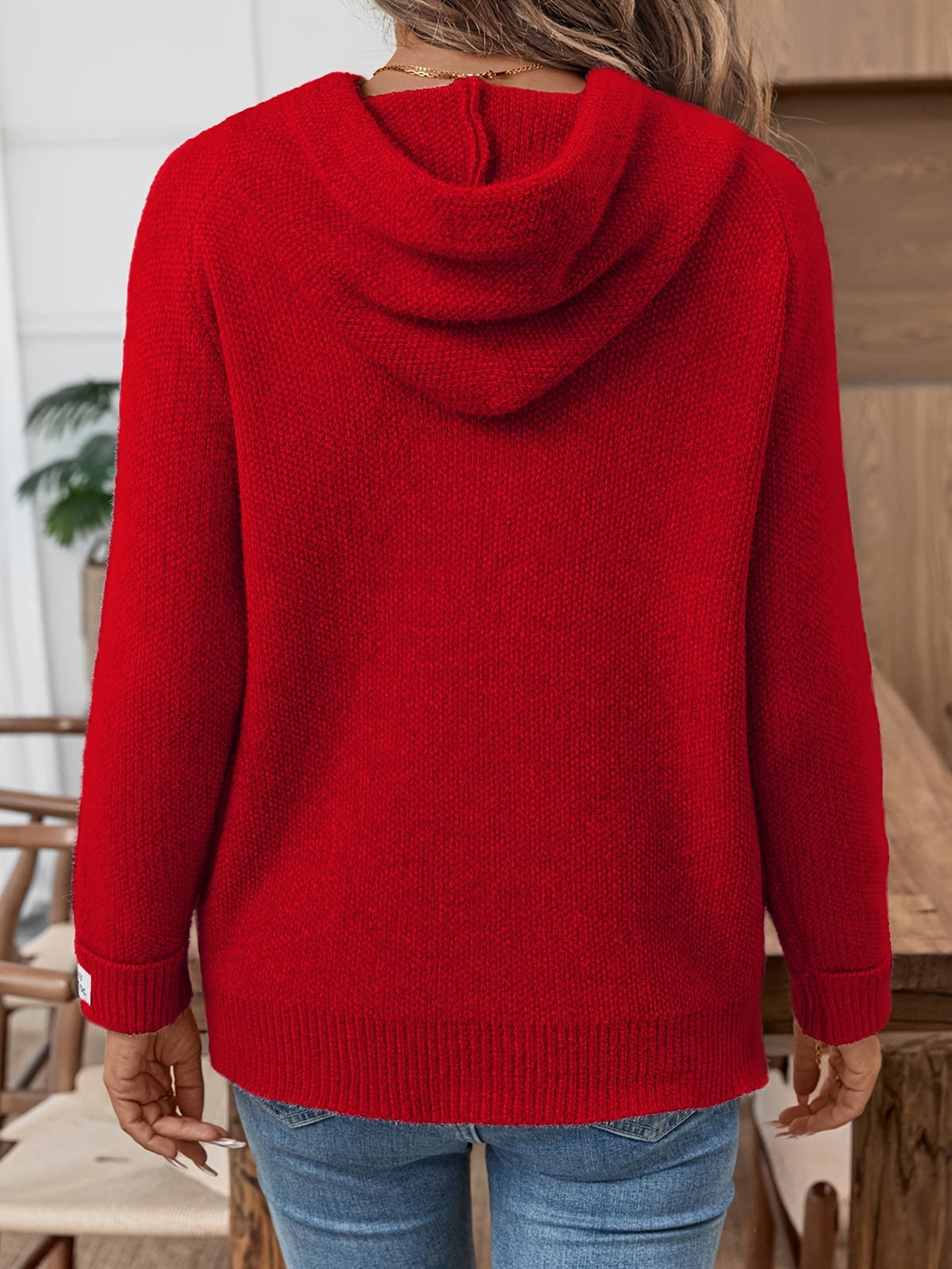 Women's Hooded Knit Jumper – Drawstring Textured Pullover
