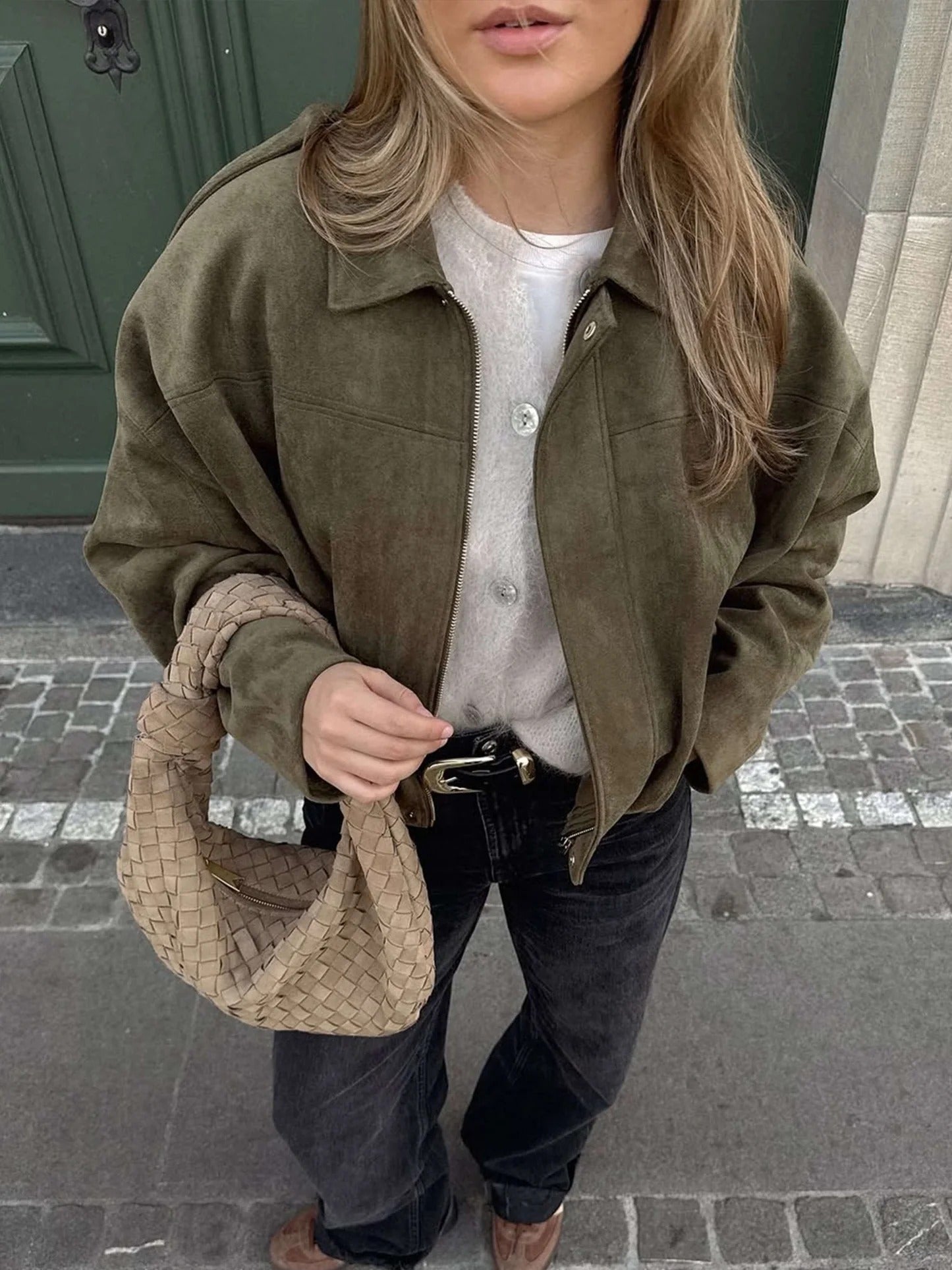 Women's Faux Suede Bomber Jacket – Collar Cropped Zip Jacket
