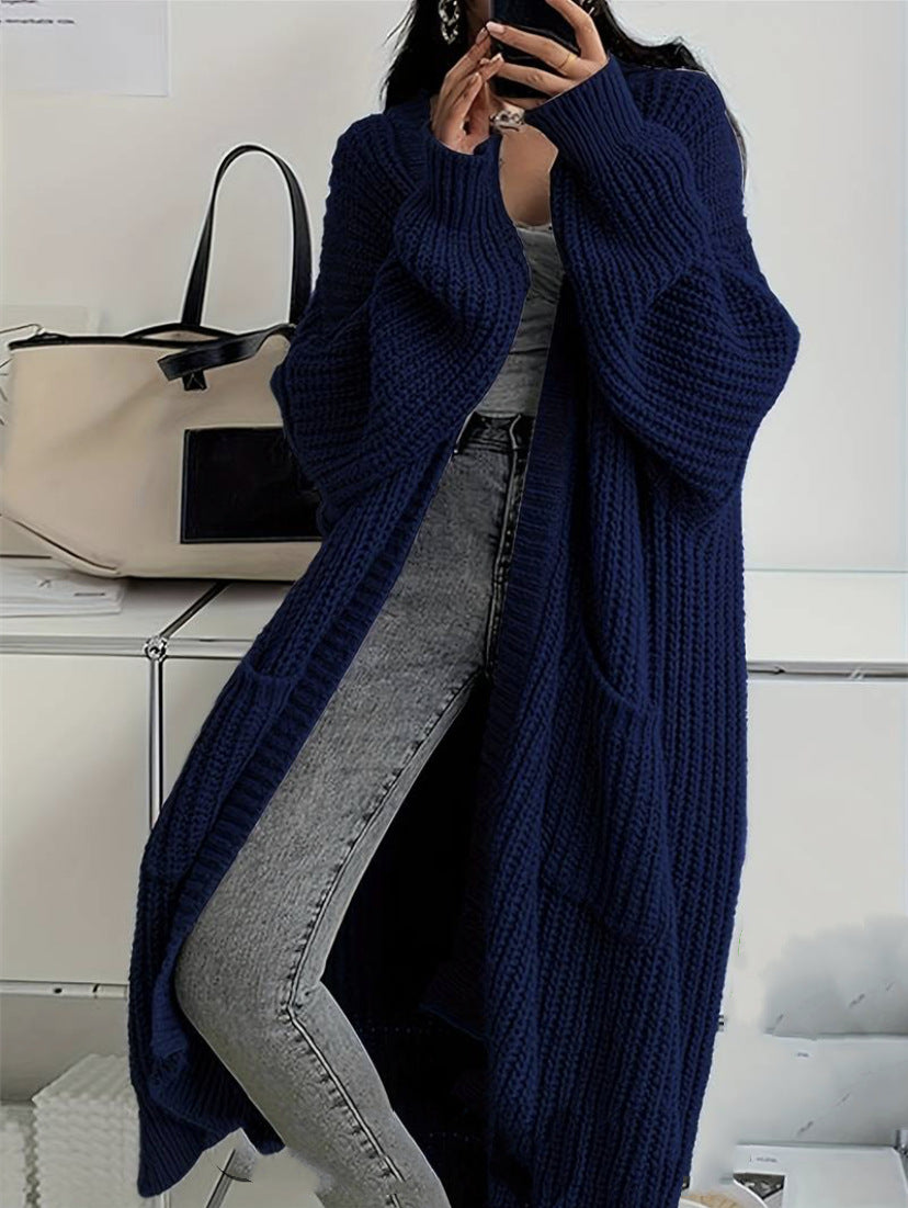 Women's Chunky Knit Longline Cardigan – Open Front with Pockets