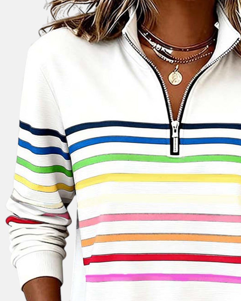 Women's Quarter Zip Jumper – Striped Colour Block Knit