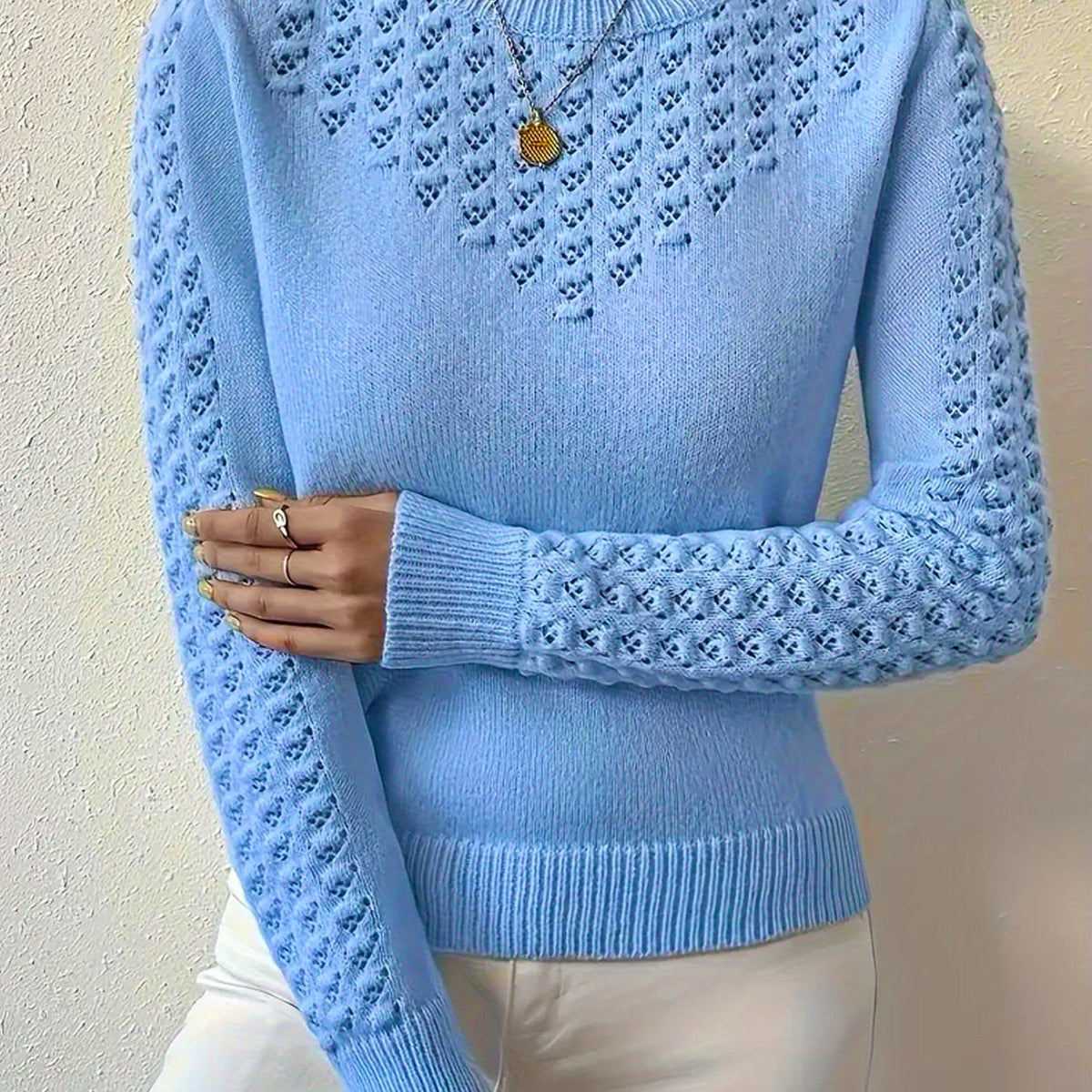Women's Pointelle Knit Jumper – Crew Neck Sweater