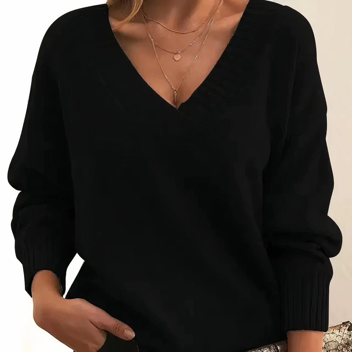 Women's Deep V-Neck Ribbed Collar Jumper – Relaxed Knit