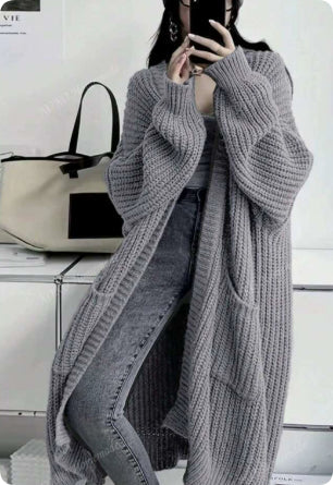 Women's Chunky Knit Longline Cardigan – Open Front with Pockets