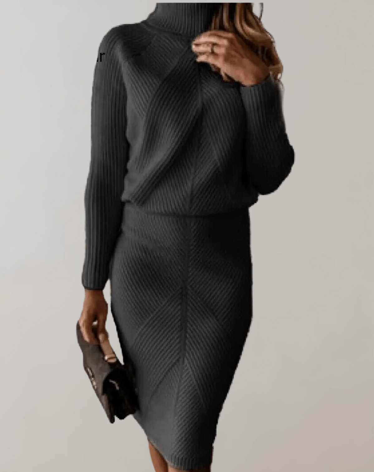Women's Ribbed Knit Turtleneck Co-ord – Fitted Midi Skirt Set