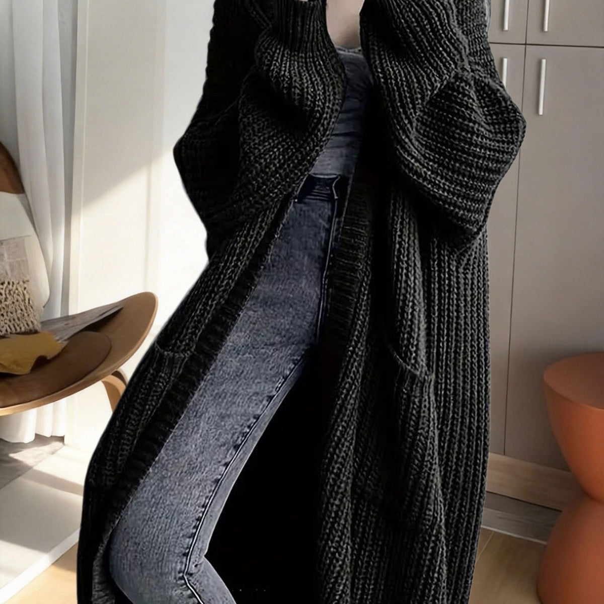 Women's Ribbed Knit Longline Duster Cardigan with Pockets