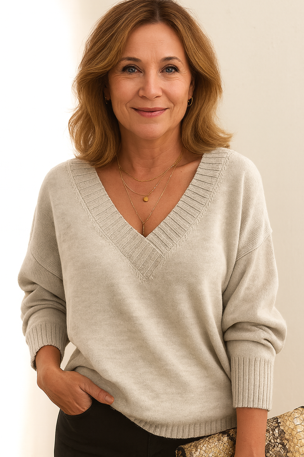 Women's Deep V-Neck Ribbed Collar Jumper – Relaxed Knit
